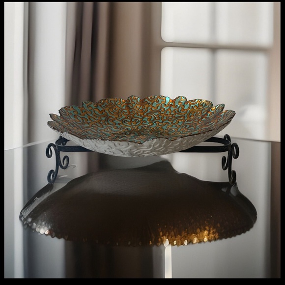 ArdaCam Hand Painted Turquoise & Bronze Glass 12” Round Serving Platter Bowl - Picture 11 of 16